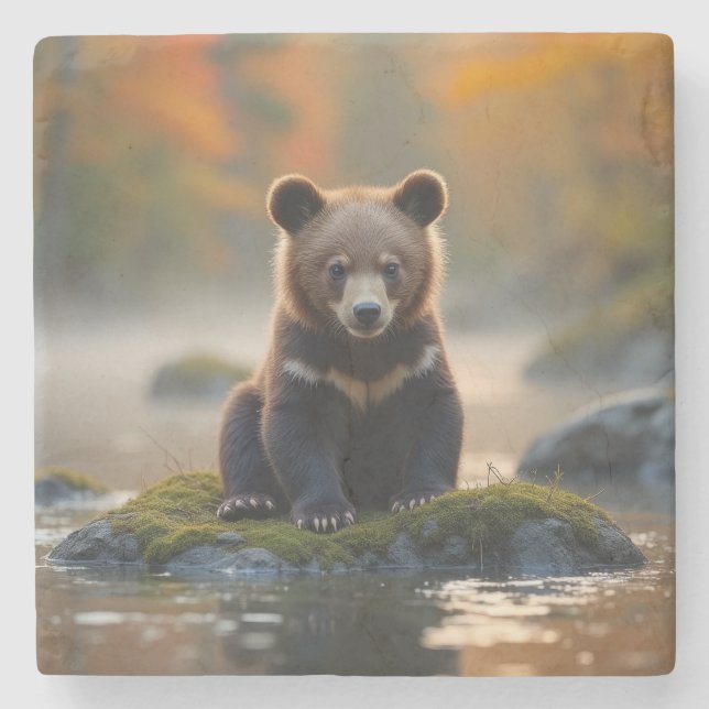 Jungbär im Herbst Steinuntersetzer (Vorderseite)