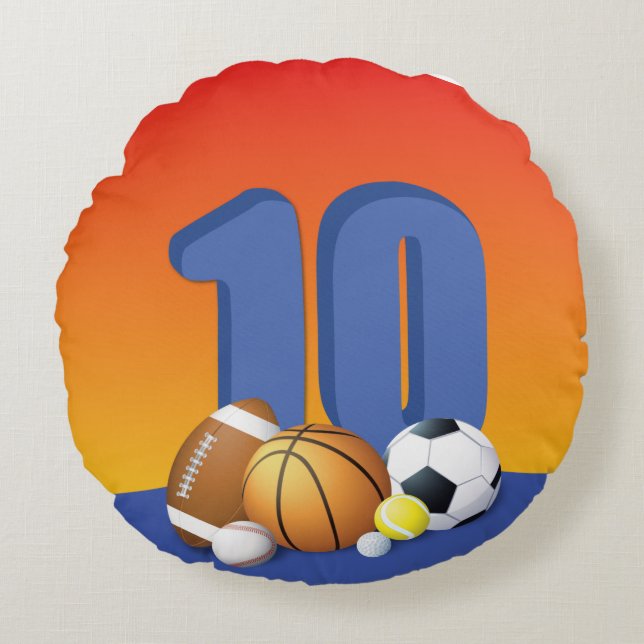 Junge 10. Geburtstag Sportbälle Rundes Kissen (Vorderseite)