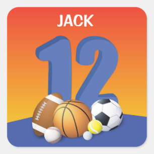 Junge 12. Geburtstag Sportbälle Quadratischer Aufkleber