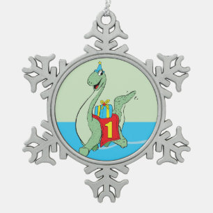 Junge, 1. Geburtstag Dinosaurier Schneeflocken Zinn-Ornament