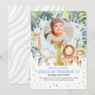 Junge 1. Geburtstag Safari Jungle Tiere blaues Fot Einladung