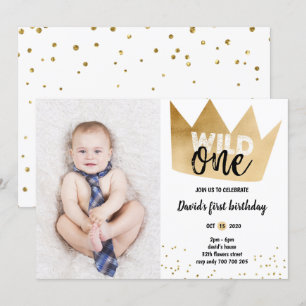 Junge 1. Geburtstag WILD ONE Gold Foil Crown Foto Einladung