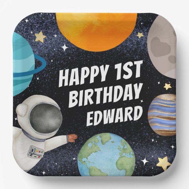 Junge 1. Happy Birthday Planets Space Pappteller (Vorderseite)
