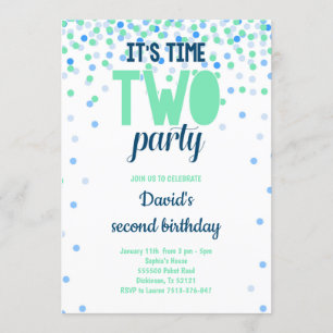 Junge 2. Geburtstag ZWEI PARTY Confetti Blue Green Einladung