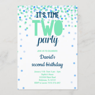 Junge 2. Geburtstag ZWEI PARTY Confetti Blue Green Einladung