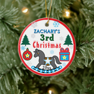 Junge 3. Weihnachten FOTO Grau Blau Pferd Keramik Ornament