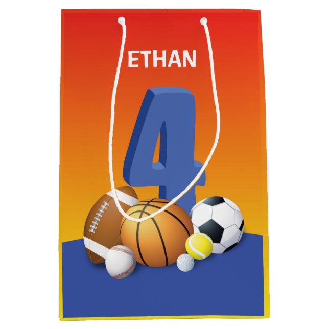 Junge 4. Geburtstag Sportbälle Mittlere Geschenktüte (Vorderseite)