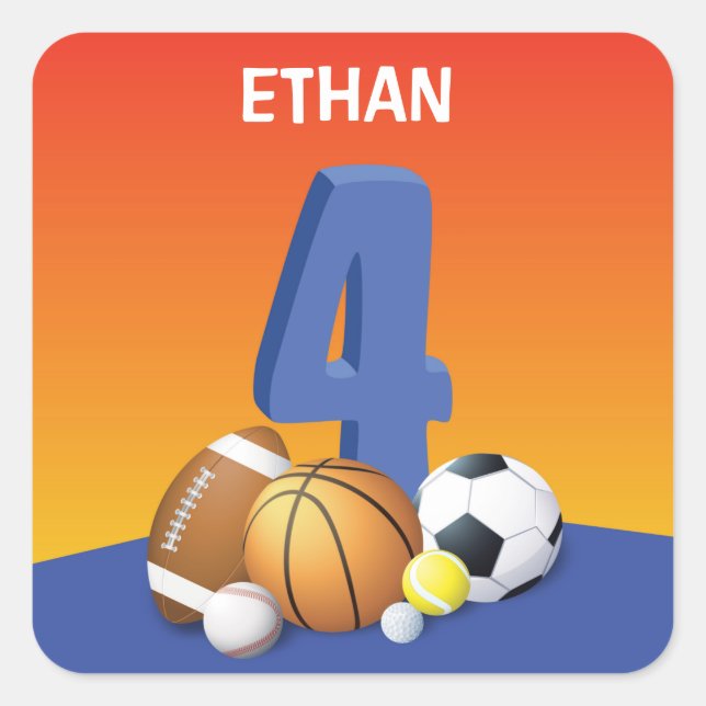 Junge 4. Geburtstag Sportbälle Quadratischer Aufkleber (Vorderseite)