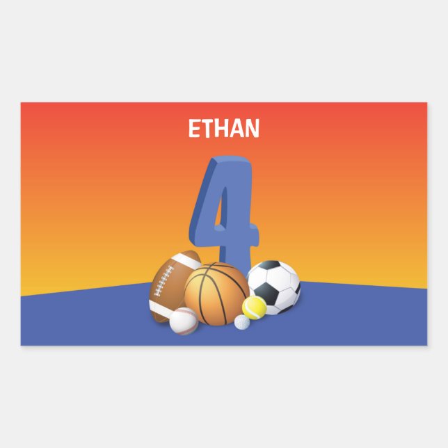 Junge 4. Geburtstag Sportbälle Rechteckiger Aufkleber (Vorderseite)