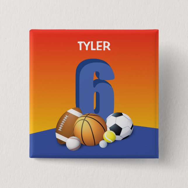 Junge 6. Geburtstag Sportbälle Button (Vorderseite)