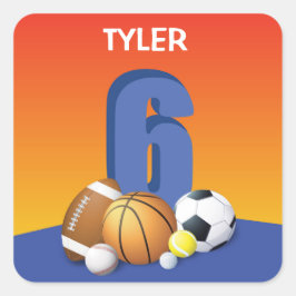Junge 6. Geburtstag Sportbälle Quadratischer Aufkleber