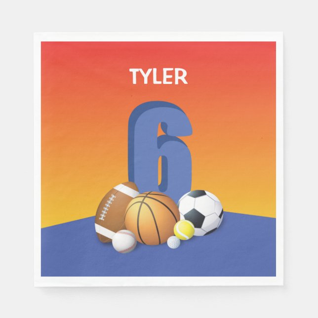 Junge 6. Geburtstag Sportbälle Serviette (Vorderseite)