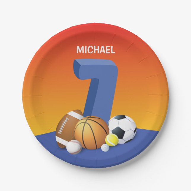 Junge 7. Geburtstag Sportbälle Pappteller (Vorderseite)
