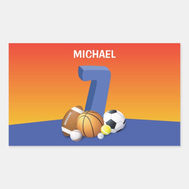 Junge 7. Geburtstag Sportbälle Rechteckiger Aufkleber (Vorderseite)