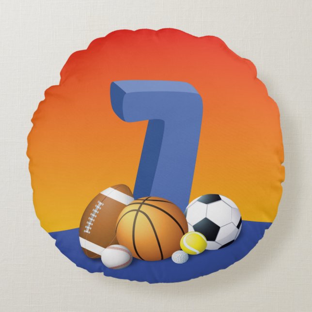 Junge 7. Geburtstag Sportbälle Rundes Kissen (Vorderseite)