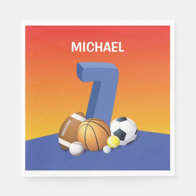 Junge 7. Geburtstag Sportbälle Serviette (Vorderseite)