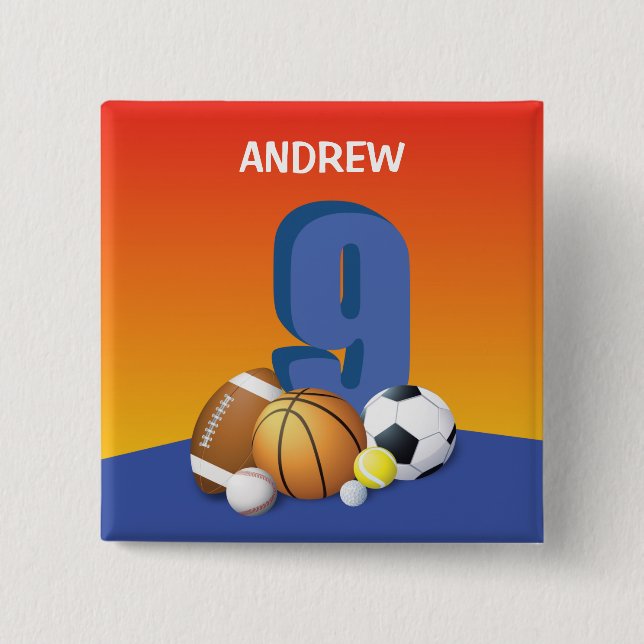 Junge 9. Geburtstag Sportbälle Button (Vorderseite)