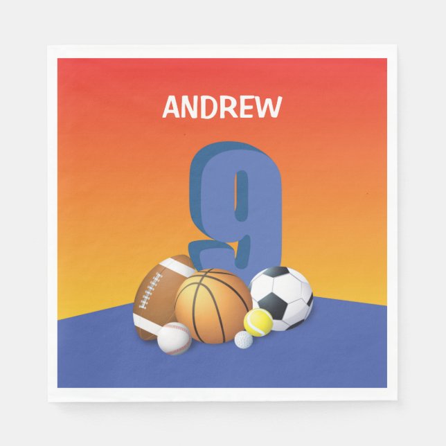 Junge 9. Geburtstag Sportbälle Serviette (Vorderseite)