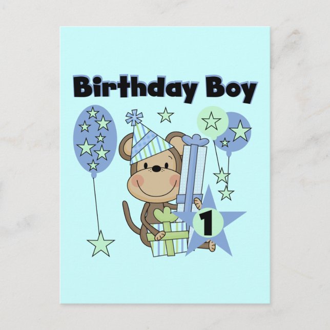 Junge Affe mit Geschenken 1. Geburtstag Postkarte (Vorderseite)