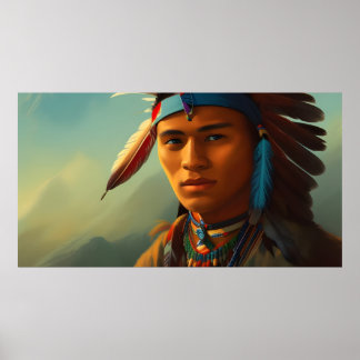 Junge Amerikanische Ureinwohner Mann mit Federn Vi Poster