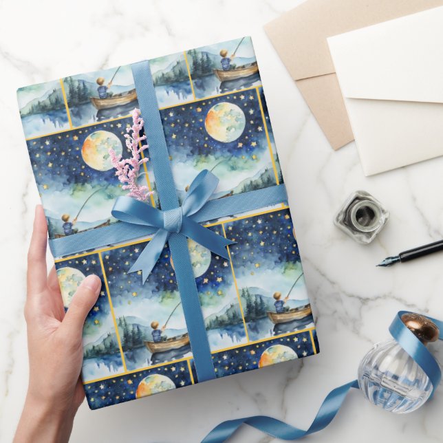 Junge Aquarellfischerei nachts Geschenkpapier (Schenken)