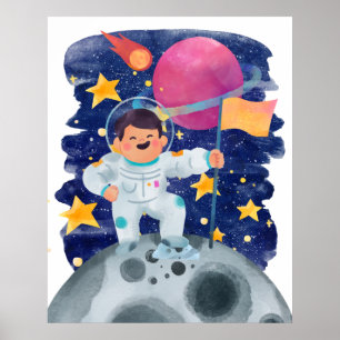 Junge Astronaut erster Schritt Mond Flagge Weltrau Poster