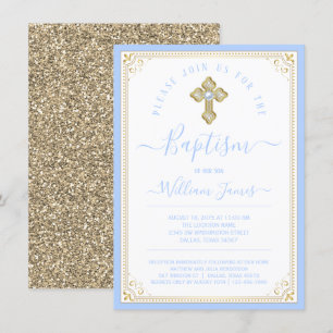 Junge Baby Blau Licht Gold Elegante Taufe Einladung