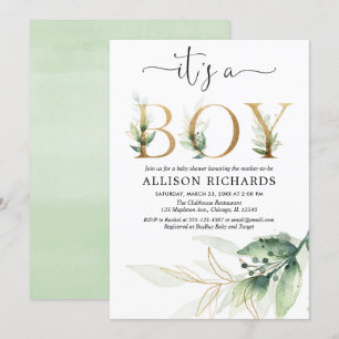 Junge Babydusche grün Gold Blätter modern Einladung