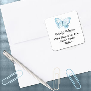 Junge Babyparty Blaue Schmetterling-Adresse Quadratischer Aufkleber
