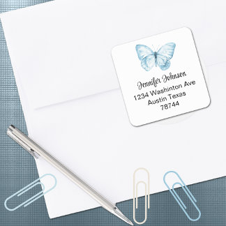 Junge Babyparty Blaue Schmetterling-Adresse Quadratischer Aufkleber