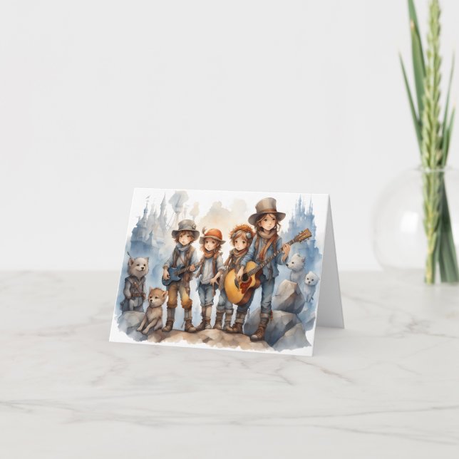 Junge Band Gitarren Watercolor Paint Blank Karte (Vorderseite)