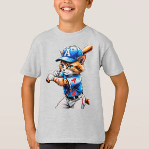 Junge Baseballkatze in Uniform mit seinem Schläger T-Shirt