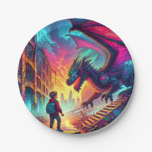Junge begegnet einem Drachen in einer dystopischen Pappteller