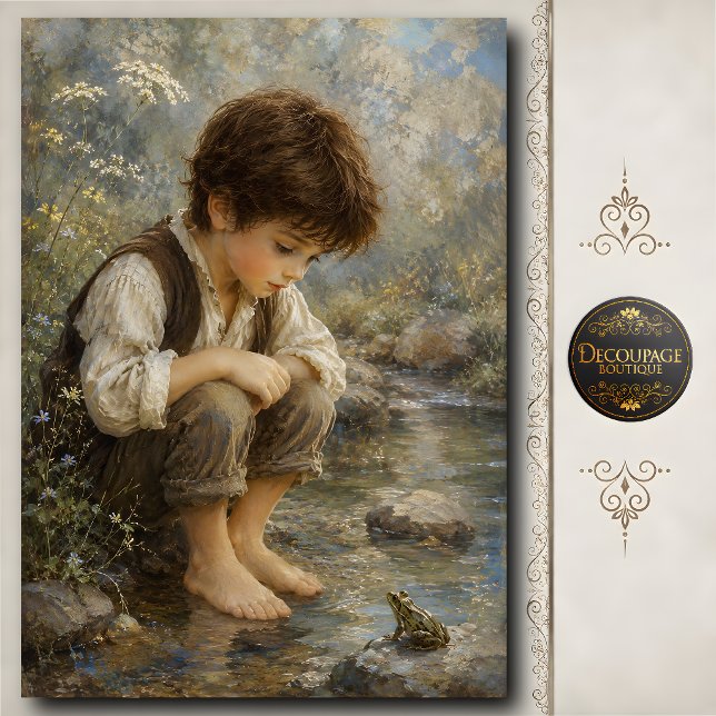 Junge beobachtet Frosch am Bach Seidenpapier (Boy Watching Frog by Creek Tissue Paper)
