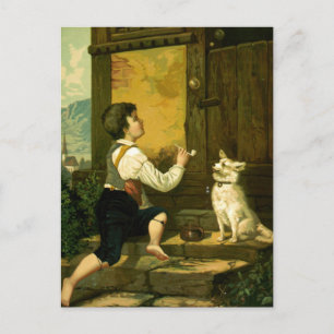 Junge bläst Seifenblasen Vintage-Illustration Postkarte