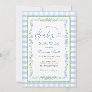 Junge Blau Floral Grandmillenial Babyparty Gingham Einladung