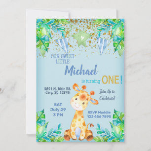 Junge blaue Giraffe Einladung zum 1. Geburtstag.