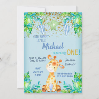 Junge blaue Giraffe Einladung zum 1. Geburtstag.