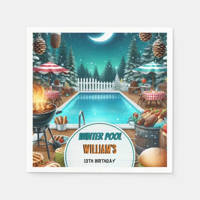 Junge bruh Barbeque Winter Pool Party 13. Geburtst Serviette (Vorderseite)