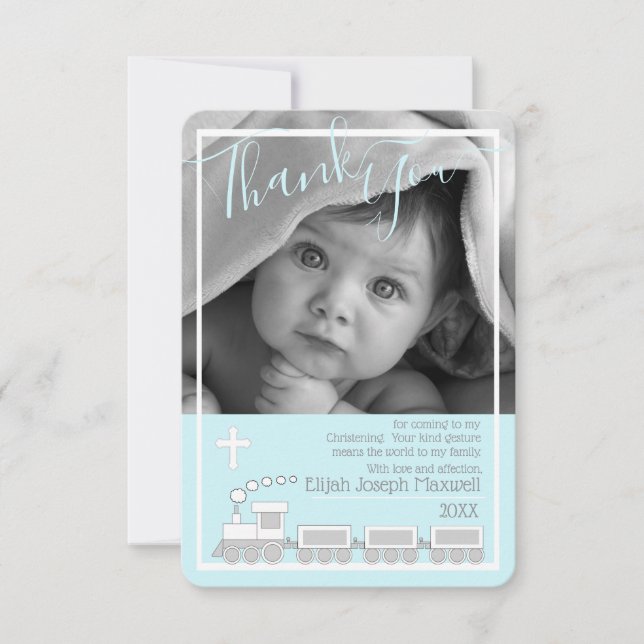 Junge Choo Choo Tauftaufe-Foto danken Ihnen Dankeskarte (Vorderseite)