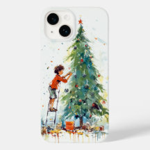 Junge Dekorieren farbenfrohe Weihnachtsbaume