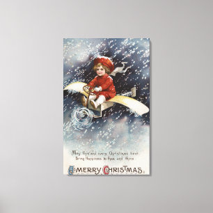 Junge, der behelfsmäßiges Flugzeug fliegt Leinwanddruck