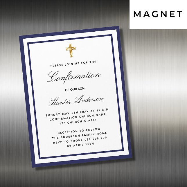 Junge der Bestätigung königsblau-weiße Minimalisti Magneteinladung (Von Creator hochgeladen)
