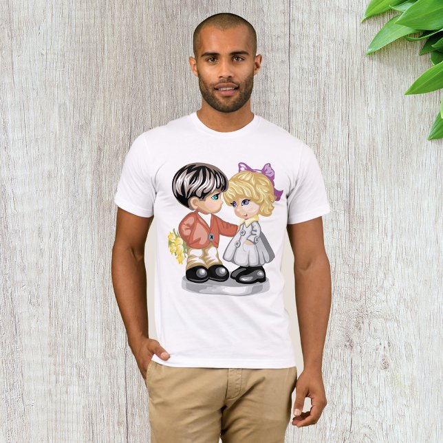 Junge, der einem Mädchen Blume T - Shirt gibt (Von Creator hochgeladen)