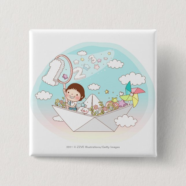 Junge, der im Papierboot sitzt Button (Vorderseite)