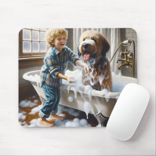 Junge, der seinem Shaggy Hund einen Bath gibt Mousepad