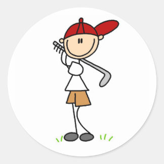 Junge, der seinen Golfklub-Sticker schwingt Runder Aufkleber