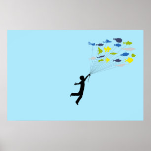 Junge, die wegschwimmen, um tropische Fischballons Poster