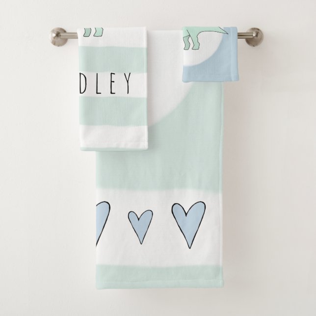 Junge Doodle Triceratops Dinosaur Kinder mit Namen Badhandtuch Set (Insitu)