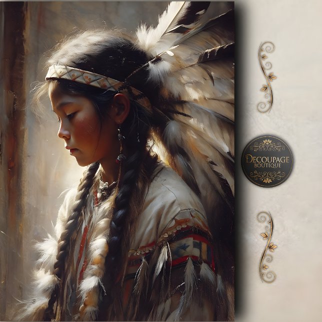 Junge Eingeborene mit Federschmuck Decoupage Seidenpapier (Young Native Girl Feather Headdress Decoupage Tissue Paper)